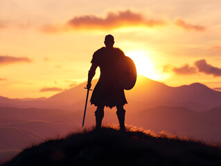 A determined Celtic warrior, holding a sword and shield, standing on a hilltop with the sun setting behind him, ready to defend his territory. Celtic warrior on a hilltop.


