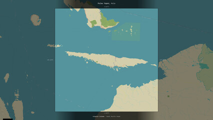 Pulau Yapen, Indonesia, highlighted and labelled. Topo Humanitarian © zelwanka