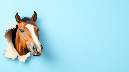Obraz premium real-big-horse-looking-up-paper-side-torn-hole-peek-above-SEO-optmized-JPG