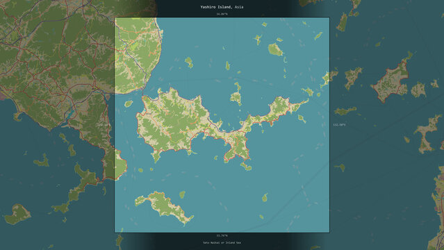 Yashiro Island, Japan, highlighted and labelled. Topo Humanitarian
