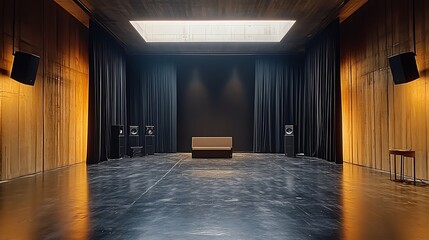 Fototapeta premium Empty soundproof room with black curtains and a bench in the middle, perfect for recording and sound editing