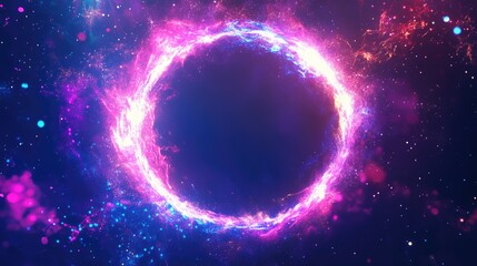 Neon or cosmic circle glowing with blue, purple and pink light on black space background