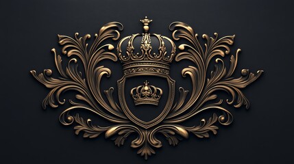 A golden ornate crown with shield and scrollwork on a black background.