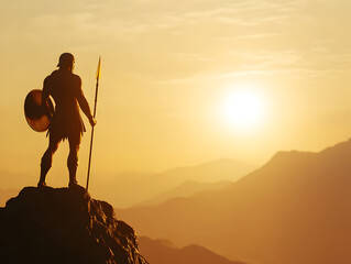 A heroic Spartan warrior, standing on a rocky ledge with a shield and spear, gazing out at the horizon with fierce determination as the sun sets behind him. Spartan warrior on a ledge at sunset.



