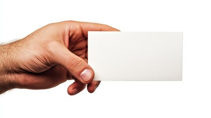 Obraz premium Close-Up of Male Hand Holding Blank Card with Cinematic Lighting on White Background
