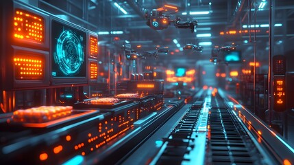 Fototapeta premium Factory floor with a conveyor belt, drones hovering and scanning food products, holographic display shows impurities, glowing neon lights, cyberpunk aesthetic, 3D rendered