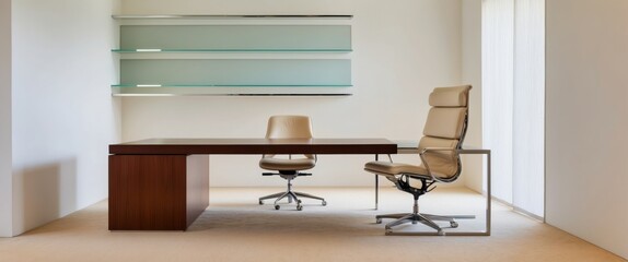 Fototapeta premium Modern office space featuring a sleek desk and minimalist chairs, designed for professionalism and productivity in a corporate environment.