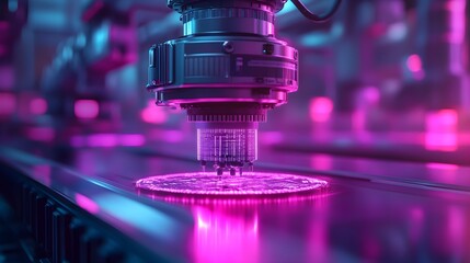 Robots in a sterile, futuristic factory using advanced light sensors, holographic projections of data, soft blue and purple tones, 3D illustration, high-tech precision