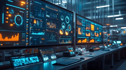 Industrial control center, AI system monitoring food quality on several production lines, colorful data visualizations on large digital dashboards