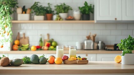 Two glasses of smoothies on a countertop in a bright, modern kitchen.