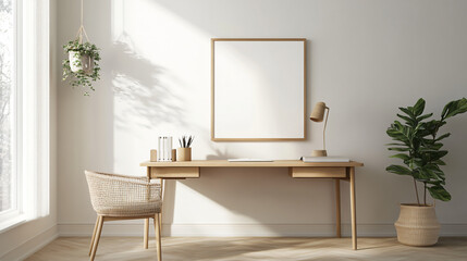 Neutral frame mock-up on a floating desk in a clean office space, 3D render.