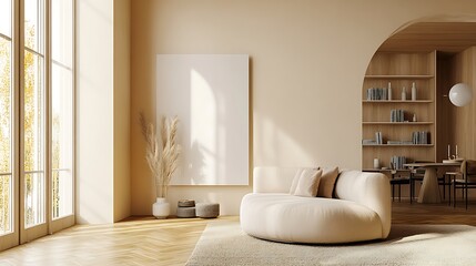  Beige home living room interior with rest and dining zone, window. Mockup wall 