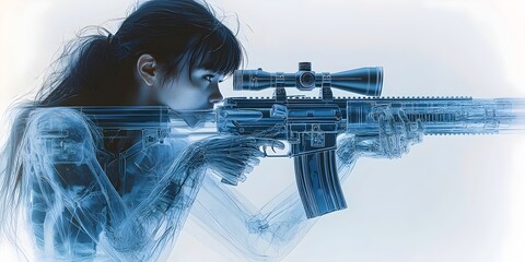 A woman with a focused gaze looks through the scope of a rifle, her body rendered in a translucent blue, as if seen through an x-ray.