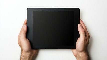 Modern Technology in Hands: Black Tablet Held by Male Hands on White Background