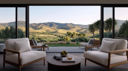 Modern Living Room with Panoramic View of Hills and Palm Trees