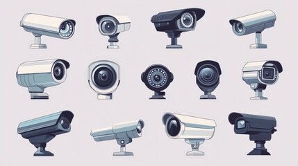 Modern Security CCTV Camera Vector Illustration Set in Soft Pastel Tones