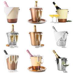 Set of champagne in ice buckets on white background
