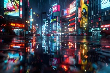 Neon Lights Reflecting on Wet Pavement in Tokyo