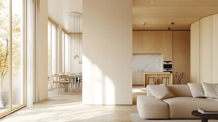  Beige home living room interior with rest and dining zone, window. Mockup wall 