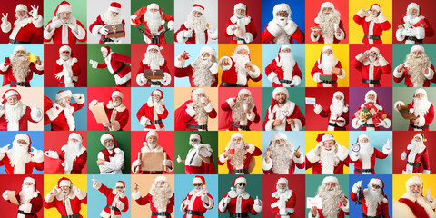 Big collage with many Santa Clauses on color background