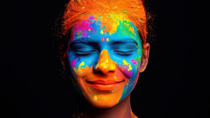 Woman Face Covered in Colorful Paint Holi Festival Celebration