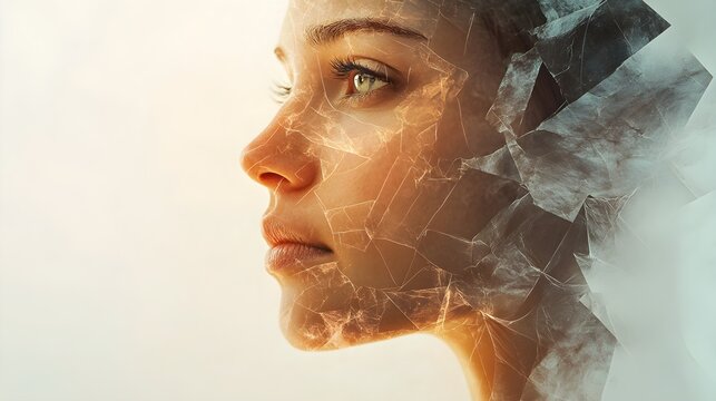 A woman's face breaking into abstract geometric shapes, conveying the emotional isolation of dementia, muted tones and gentle gradients, sense of fragility