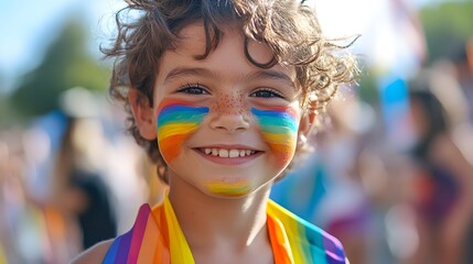 Naklejka premium A young kid wearing rainbow-themed tribal face paint, dancing at a lively pride festival, festive colors, embracing back-to-school season with joy