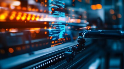 Robots in a sleek, modern food factory using AI-powered light sensors, vibrant holograms displaying data, 3D rendering, blue and white tones, sci-fi style