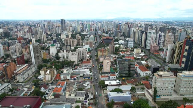 Center of the Batel neighborhood, in the city of Curitiba, state of Paran&aacute;, southern Brazil, aerial drone tour between the buildings