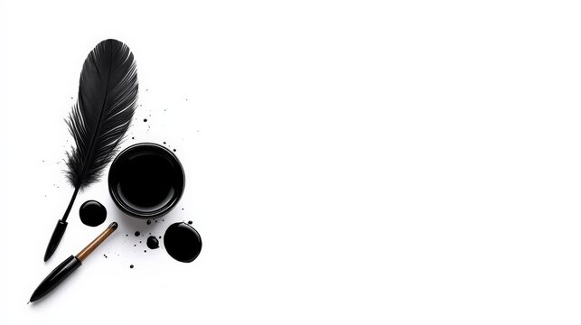 Black Quill and Inkwell: A classic quill pen and inkwell resting on a white background, ready to capture thoughts and inspire creativity. The image evokes a sense of tradition and timeless artistry.