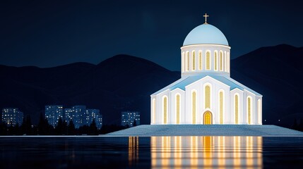 Illuminated Church with Mountain and City Skyline at Night
