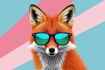 Fototapeta premium Creative Fox Illustration with Trendy Sunglasses on Colorful Pastel Background