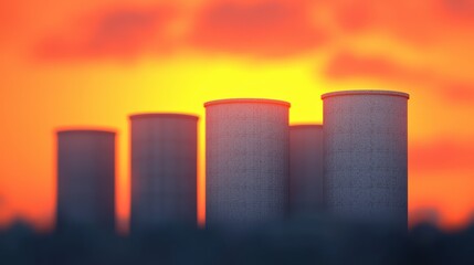 Industrial Cooling Towers at Sunset   Energy Production  Power Plant  Architecture