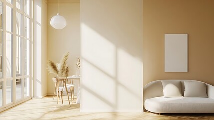  Beige home living room interior with rest and dining zone, window. Mockup wall 