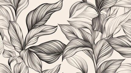 Seamless pattern with black and white tropical leaves on a beige background.