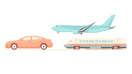 Transportation Vehicles Set,  Car, Train, Airplane Illustration