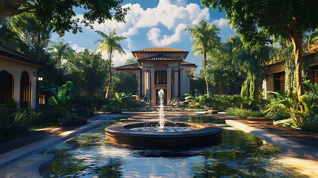 Idyllic house with inviting water fountain as focal point picture