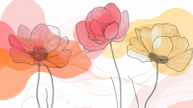 Peony flowers isolated png illustration. wildflowers for background. abstract botanical art. simple minimalist art set. continuous line drawing. Line Art. Illustration