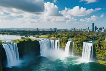 Fototapeta premium Stunning Waterfall Views City Skyline and Eco-Friendly Landscape