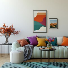  Stylish sofa setup with bold cushions and fresh flowers, creating a cheerful and inviting atmosphere. Mock up poster frame. 