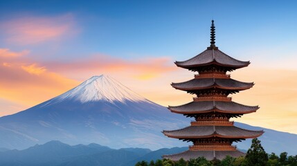 Fototapeta premium Mount Fuji and Pagoda at Sunset in Japan