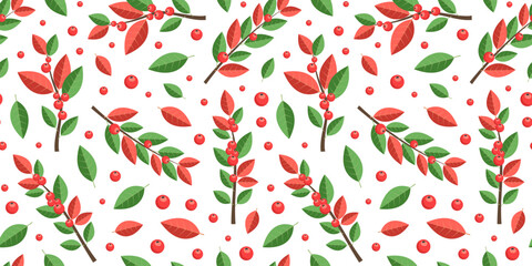 Christmas red berry seamless pattern, branch colored leaves background, holiday tree and plant set, Xmas floral bg. Cartoon holly berry, autumn twig wallpaper. New Year foliage. Vector illustration