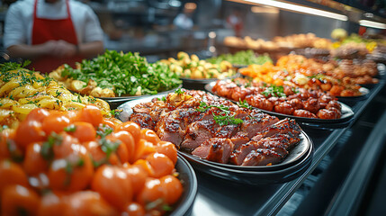Gourmet Buffet with Grilled Meat Fresh Vegetables and Elegant Presentation in Restaurant with Blurred Chef in Background