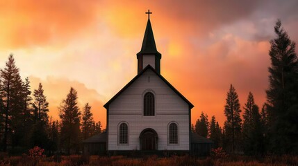 Fototapeta premium Church at Sunset with Trees and Dramatic Sky
