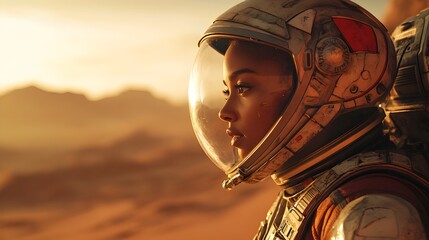 Young African American woman in a detailed spacesuit, helmet on, standing on the surface of Mars, red desert landscape, exploration vibes, sci-fi feel