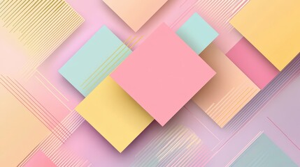 Fototapeta premium Geometric Harmony - Minimal Abstract Design with Colorful Squares and Lines on Lavender Background for Wallpaper, Banner, Card