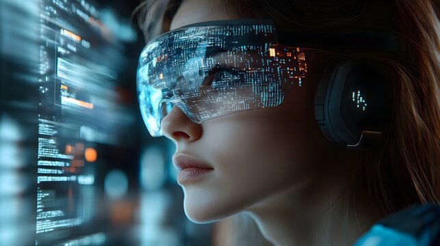 Young woman in cybersecurity training, analyzing AI and data through AR glasses, holographic code floating around, double exposure of digital world and reality