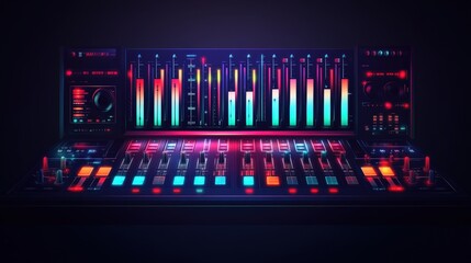 Fototapeta premium Vibrant Audio Mixer Illuminated in a Dark Studio - Dynamic Music Production Scene Illustration