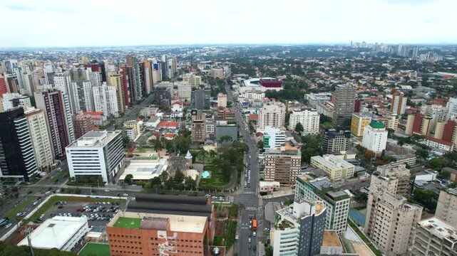 Center of the Batel neighborhood, in the city of Curitiba, state of Paran&aacute;, southern Brazil, aerial drone tour between the buildings