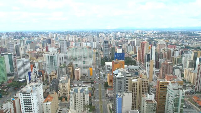 Center of the Batel neighborhood, in the city of Curitiba, state of Paran&aacute;, southern Brazil, aerial drone tour between the buildings